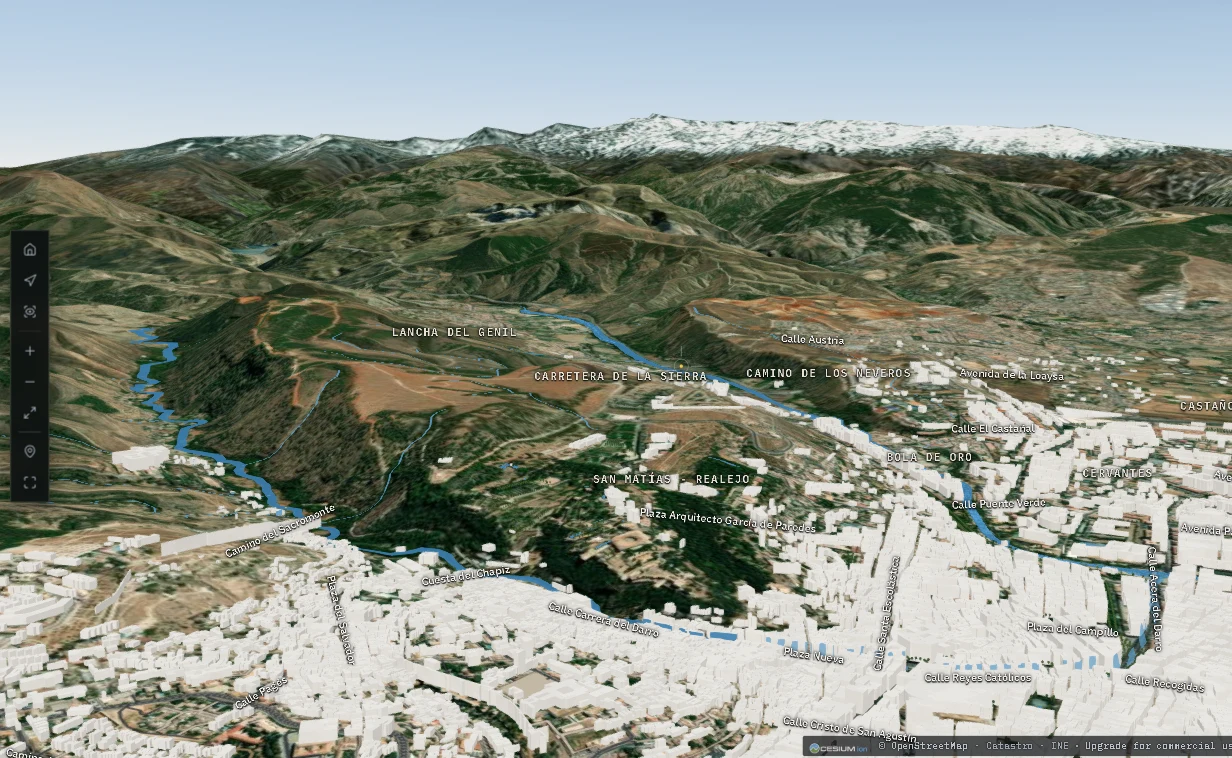 Granada in 3D with Sierra Nevada behind, rebuilt from open data