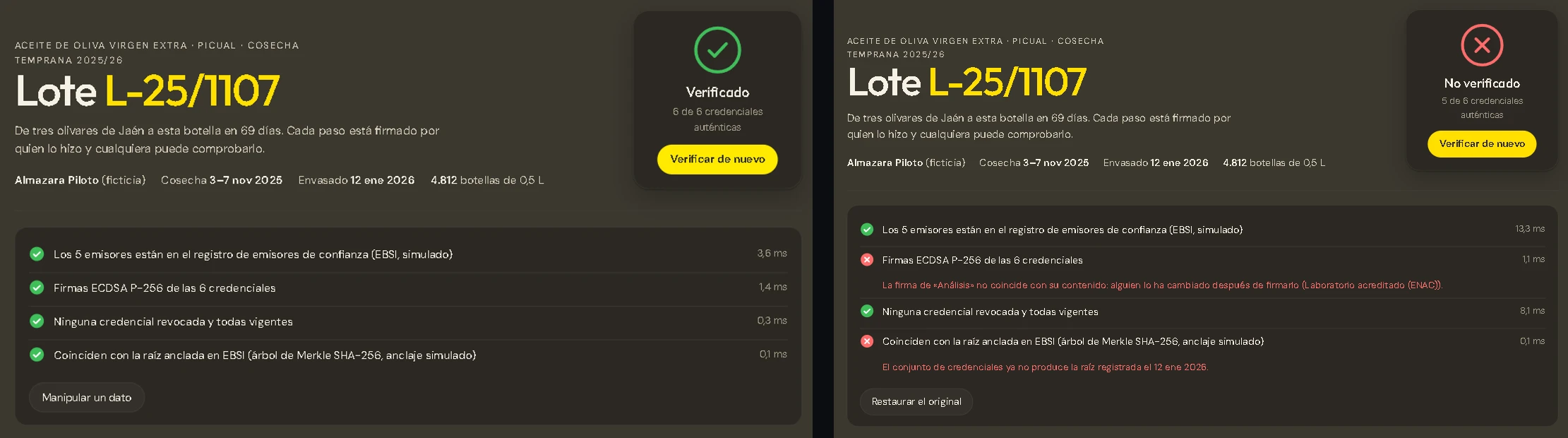 Batch verification: after a value is altered, exactly that signature fails