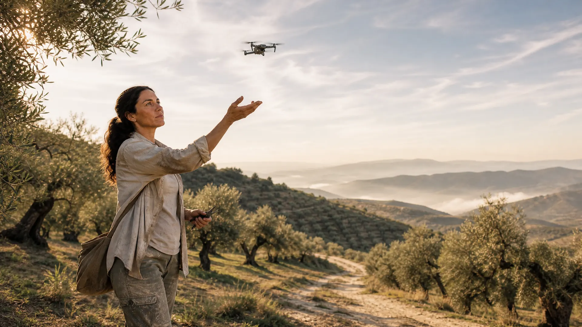 Field technician in an olive grove at dawn with a drone over the canopy