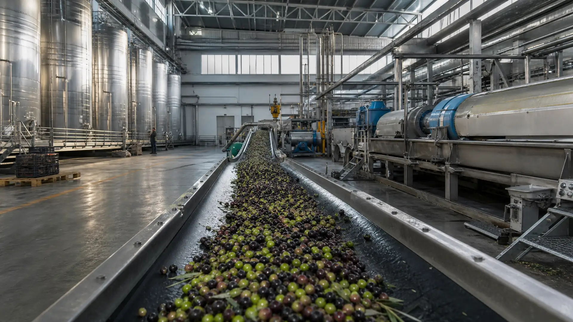 Freshly washed olives moving along the reception belt of a mill