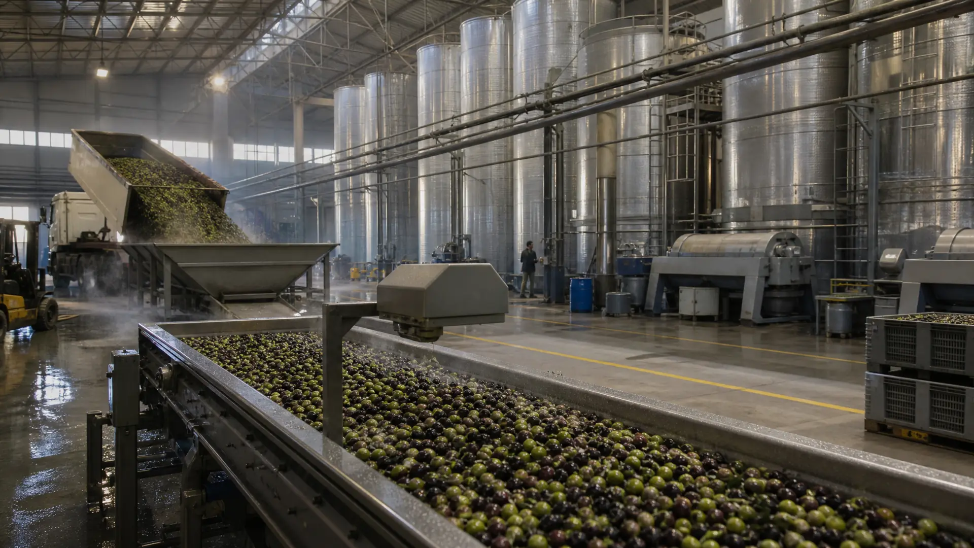 Reception hopper unloading olives in a mill