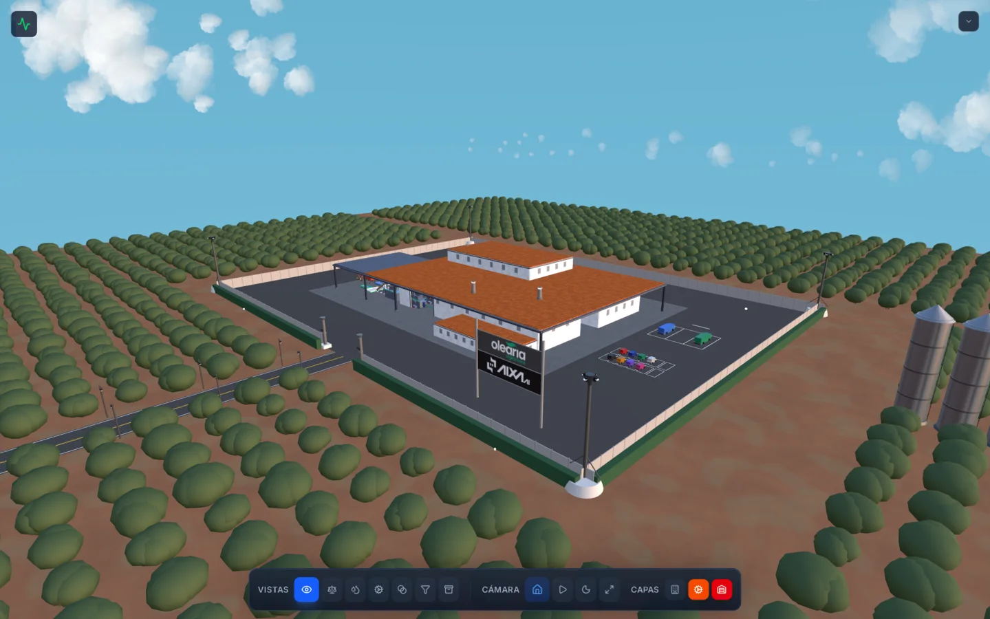 Gemelo digital 3D de almazara con sensores IoT en tiempo real
